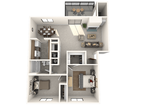 Floor plan for 2 beds, 1 bath, 886 sqft